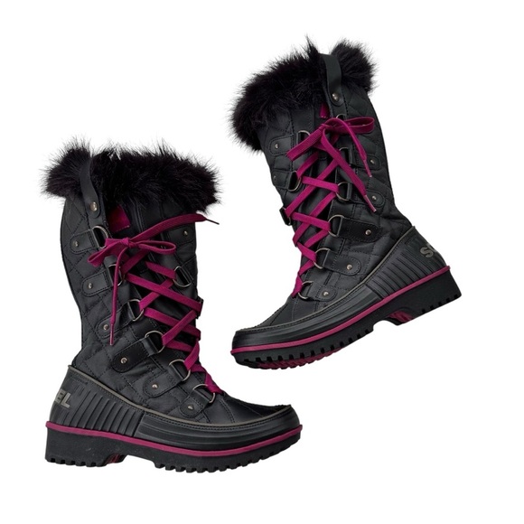 Sorel Tivoli Twist Waterproof Winter Boots with Fur Trim Black Purple Size 7 - Picture 2 of 12